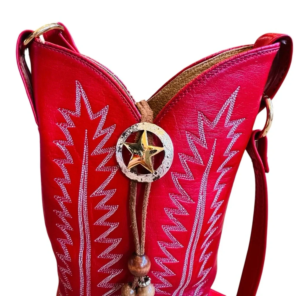 Vintage Women’s 80s Red Leather Cowboy Boot Shoulder Crossbody Bag Western - Picture 2 of 10